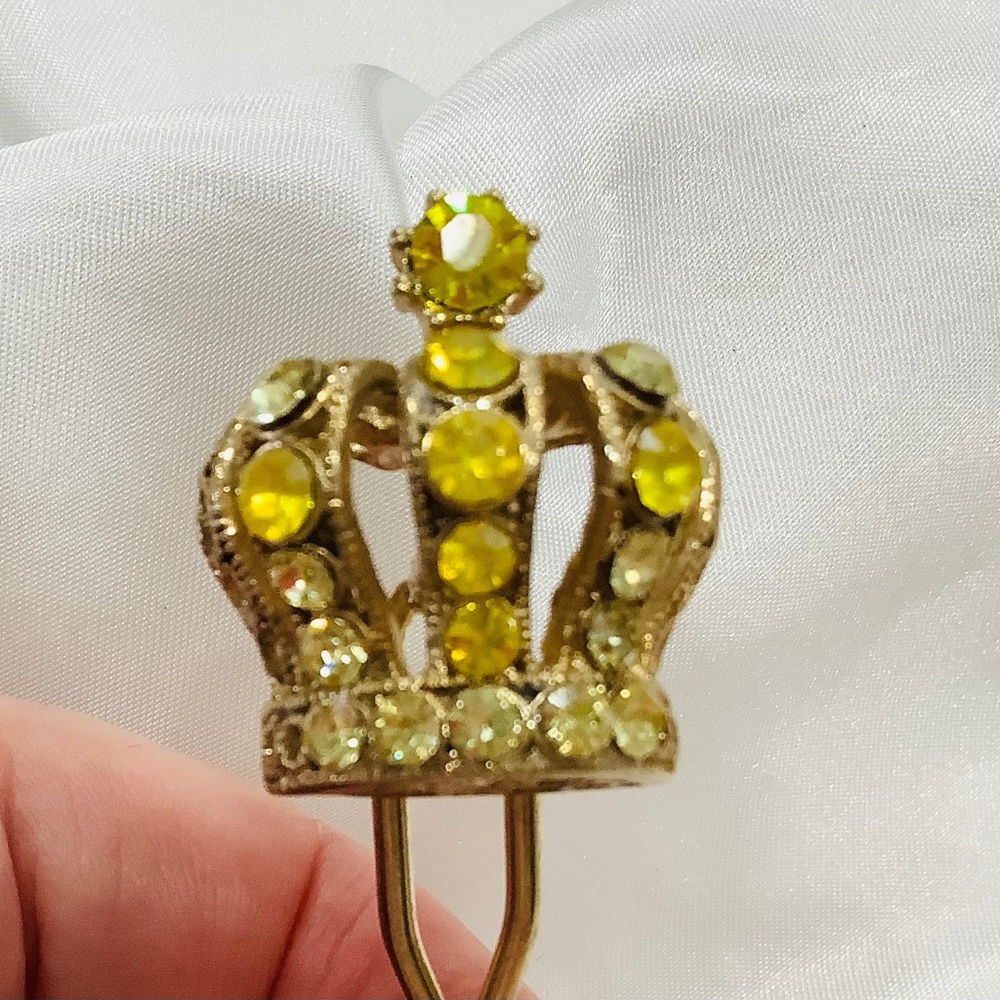 Elegant Vintage Hair Stick Yellow Rhinestone Crystal on Princess Crown